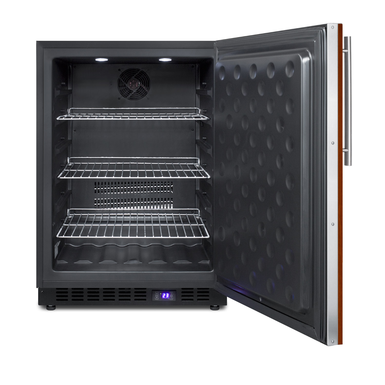 Frost-free outdoor all-freezer for built-in or freestanding use with black cabinet, stainless steel door, digital thermostat, LED lighting, and lock